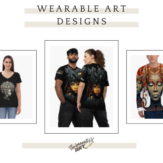 Group of models wearing ThurmanatorX Art's wearable abstract digital designs, showcasing expressive, surreal artwork on modern fashion apparel.