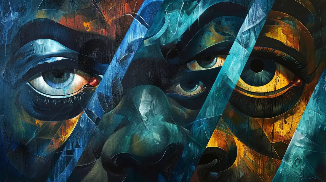 Surreal digital painting of layered blue and orange abstract faces with expressive eyes, symbolizing the emotional and psychological power of color in art.