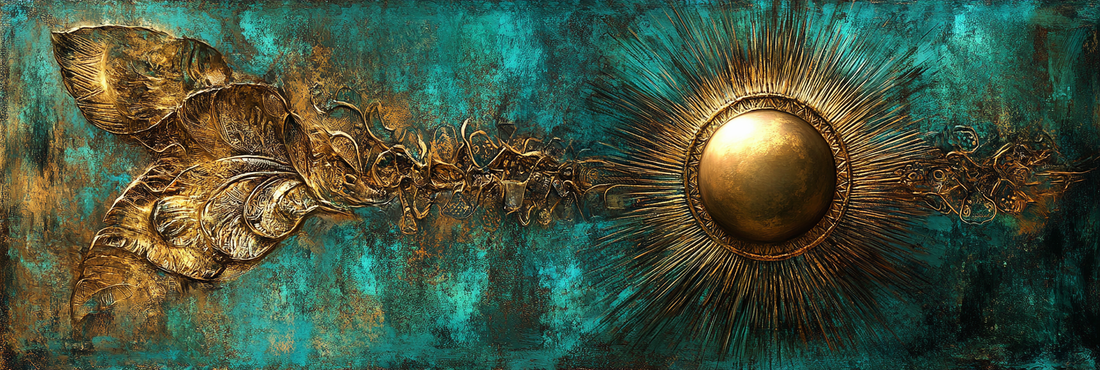 Abstract Aphrodisiart design featuring a radiant golden orb surrounded by ethereal, swirling textures in teal and bronze, symbolizing spiritual awakening and cosmic energy.